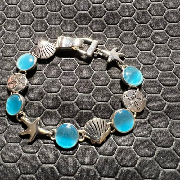 Venice By The Sea Jewelry Jewelry - Star Fish, Seashells, Sand Dollar Bracelet with Blue Sea Glass and .925 Sterling
